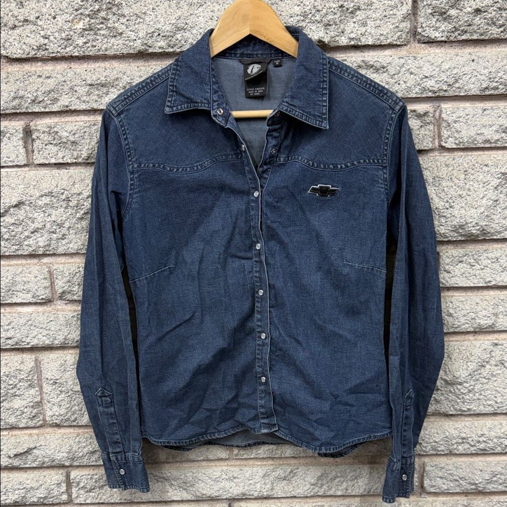 Women's Chevrolet Classic Blue Denim Button Down Shirt with Chevy Logo